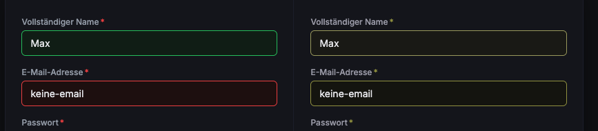 Zwei Formulareingabefelder. Für Normalsichtige ist das korrekt ausgefüllte grün umrandet, das falsche rot. Farbfehlsichtige können keinen Unterschied erkennen, das zeigt ein weiterer Satz Formularfelder, die beide gelblich umrandet sind.