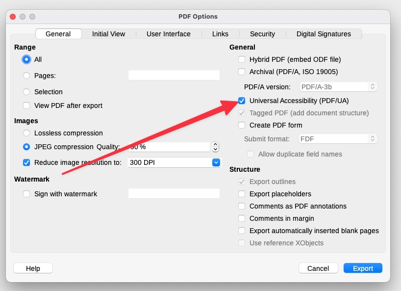 LibreOffice: Exportdialog für PDFs, in dem man auch einen Export als PDF/UA anwählen kann.